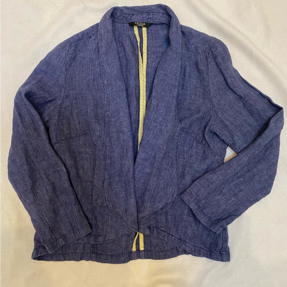 Mods By George Linen Open Front Cardigan Jacket Blue Shawl Collar L/UK 14 Travel